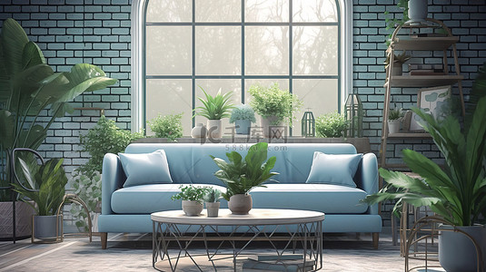 白砖客厅配有蓝色和绿色的沙发和令人惊叹的 3D 渲染植物