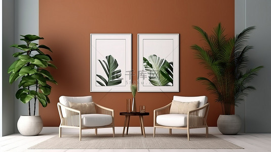 放松场景，房间内有两把椅子咖啡桌和热带植物，配有水平框架和舒适的地毯3D 渲染