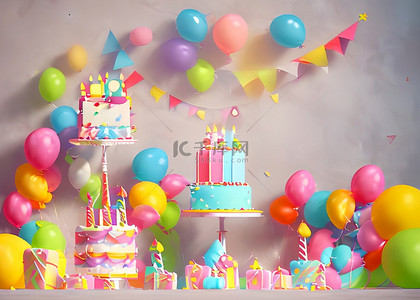 卡通气球蛋糕背景图片_生日蛋糕气球派对背景