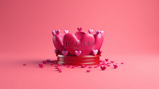 爱心王冠背景图片_情人节概念 3D 在粉红色背景上渲染红心王冠