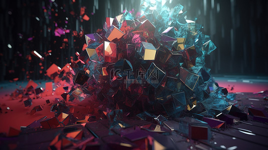 抽象立方体破碎并呈现为彩色 3D 多边形碎片