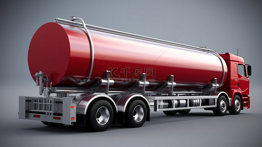 连接到大型红色油罐车的高度抛光金属拖车的 3D 插图，展示所有角度
