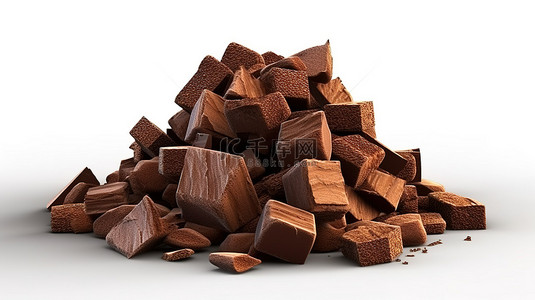 筹码巧克力背景图片_孤立背景上堆积和堆积的巧克力块的 3D 插图