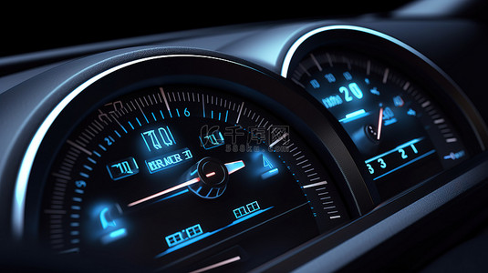 带车速表和转速表的汽车仪表板的详细 3D 渲染