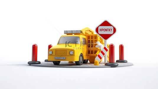 3D 渲染的障碍和停车标志在封闭的道路上与黄色汽车卡通