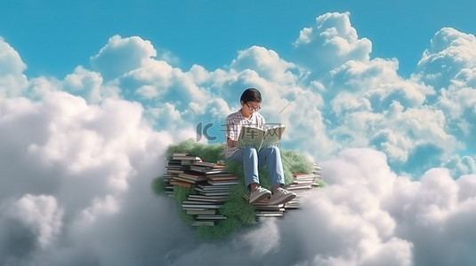 年轻人年轻人背景图片_云驱动阅读一个年轻人沉迷于天空中的文学3D渲染