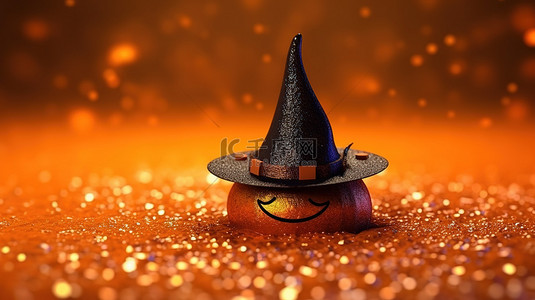 南瓜和南瓜花背景图片_万圣节橙色背景上闪闪发光的南瓜杰克 o 灯笼装饰与女巫帽和蝙蝠的 3D 渲染