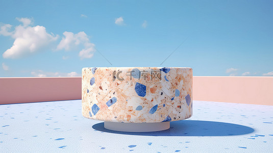 平鋪背景图片_自然之美提升了水磨石大理石讲台在蓝天衬托下的 3D 插图，用于产品展示