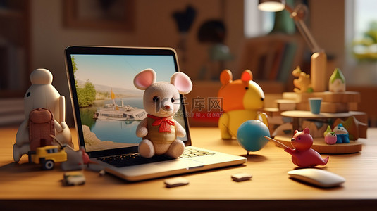 用于创新玩具开发研究和业务的动态工作空间的 3D 插图，桌上有智能手机和鼠标
