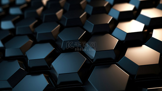 几何拼图背景图片_具有黑色六边形图案的空间的 3D 插图