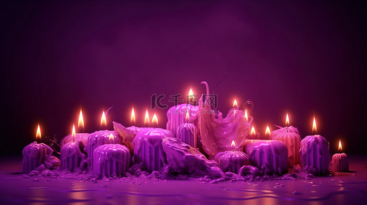 万圣节燃烧的怪异紫色蜡烛的怪异 3D 渲染
