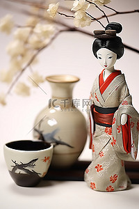 日本和服和服背景图片_娃娃展示在传统花瓶旁边