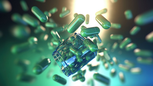代表保健医学和药学的药物胶囊级联的 3D 渲染