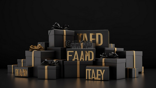 金色文本黑色礼品盒和百分号在 3D 渲染的黑色星期五水平横幅中