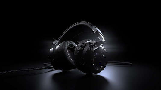 3D 时尚黑色耳机，位于带有白光的独立背景上
