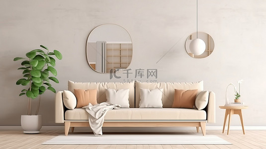 斯堪的纳维亚客厅舒适沙发的 3D 插图，配有裤子样机海报