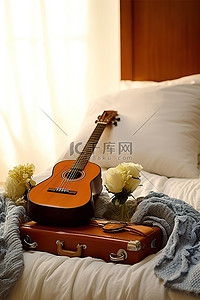 尤克里里彩绘背景图片_床上放着尤克里里吉他和毯子