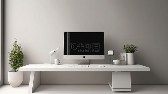 桌面空间背景图片_现代办公空间配有时尚的电脑桌和带空白屏幕 3D 渲染的显示器
