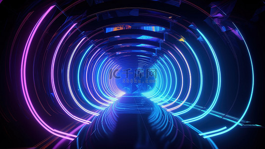 蓝色横幅背景图片_3D 渲染中抽象霓虹灯迷人的紫外线隧道