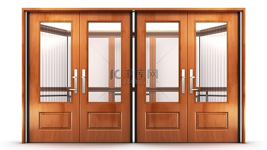 房门锁背景图片_华丽的玻璃镶板双门，配有茂密的树叶 3D 渲染
