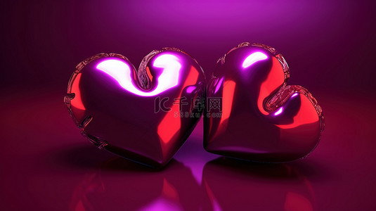 两颗红心背景图片_情人节红色背景上两颗闪闪发光的紫心的浪漫 3D 设计