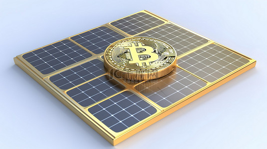 电力交易背景图片_白色背景下比特币和太阳能电池板的 3D 插图