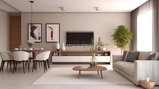 米色沙发背景图片_现代休息室内部配有米色沙发餐桌抽屉柜海报框架地毯和散热器 3D 设计