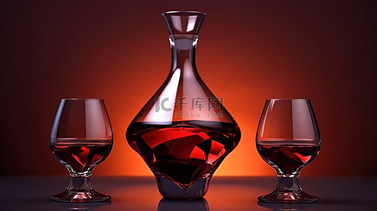 两个酒杯和一个装满红酒的玻璃水晶醒酒器的 3D 渲染