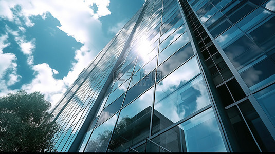 从低角度视图捕获的未来摩天大楼办公楼，具有云 3D 渲染的窗口反射