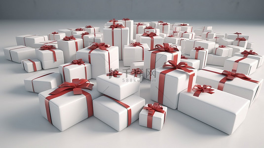 各种白色礼品盒，配有不同尺寸的红丝带 3D 渲染
