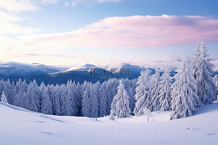 云树木背景图片_冬天的场景，有雪覆盖的树木和山景