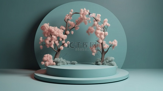 3D 渲染中树木和花朵的简约平台讲台
