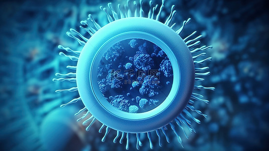 蓝色背景上蓝色病毒或细菌的显微物镜和 3D 渲染