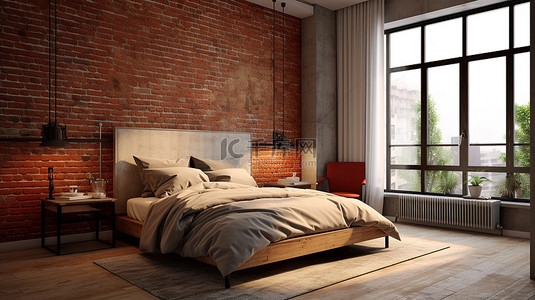 卧室的 3D 渲染，配有砖墙床和空调