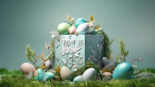 节日复活节设计逼真装饰品3D礼盒和鸡蛋营造快乐的节日背景