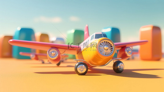 啤酒飞机背景图片_3D 渲染的卡通飞机具有清爽的冷饮横幅