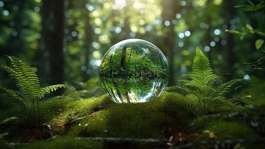 节约用水用电背景图片_3D 渲染中郁郁葱葱的绿色森林中地球的水晶球视图