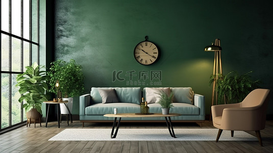 房背景图片_具有工业风格和引人注目的绿色墙壁的客厅设计的 3D 渲染