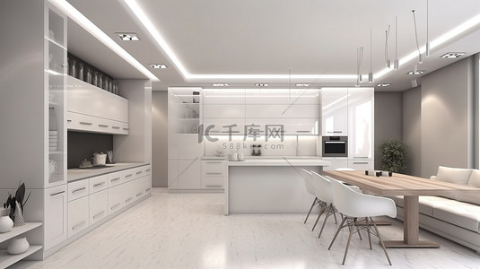 现代生活别致的白色厨房和餐厅空间的 3D 渲染