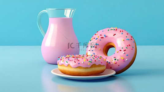 上一休一背景图片_3d 创建的柔和蓝色背景上充满活力的甜甜圈和一杯牛奶