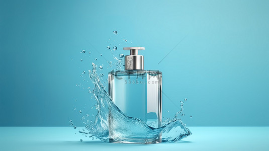 蓝色背景香水喷雾瓶的 3D 渲染，带有水溅和充足的复制空间