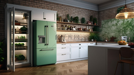 复古魅力的白色厨房，带有流行的绿色和浅色砖墙，以 3D 方式呈现，并配有夜间照明