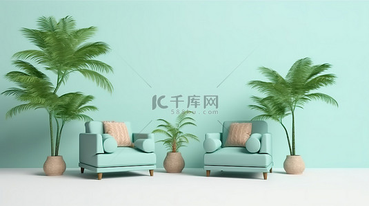 3D 渲染扶手椅在柔和的蓝色和绿色场景与热带棕榈树和椰子叶