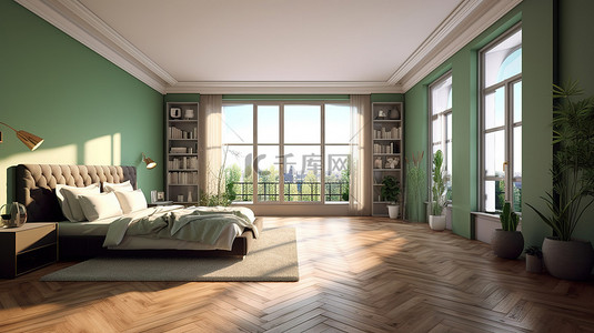 卧室壁炉背景图片_宽敞的城市卧室令人惊叹的 3D 渲染，配有木地板和绿色墙壁