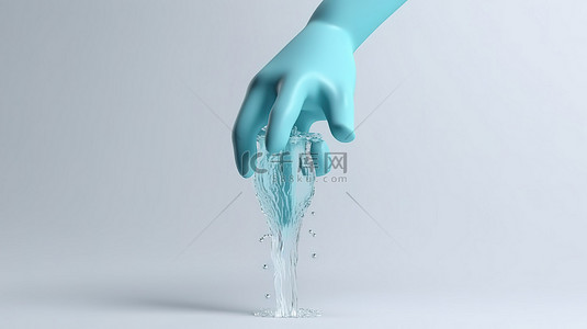 水滴和手背景图片_带水滴的水龙头和手停止流动的插图象征着节水节水日 3d 渲染最小卡通风格