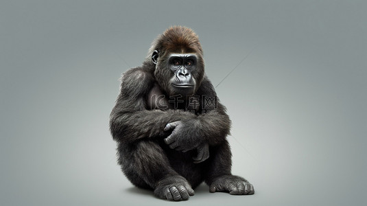 焦虑的 3D 大猩猩侧身坐着，滑稽地扭曲