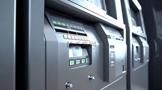 非常接近银行 ATM 取款机的特写 3D 渲染