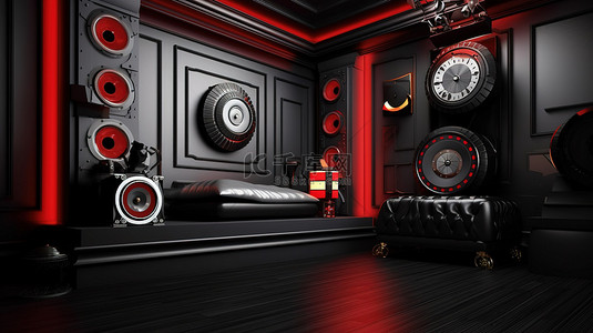 声音红色背景图片_现代黑色内饰，配有红色扬声器系统和 3D 插图古董钟