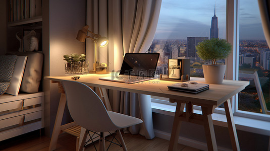 现代工作站 3D 渲染木桌，配有移动平板电脑和家庭办公环境中的配件
