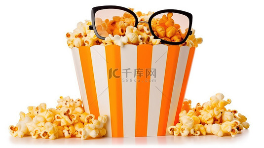 观看电影背景图片_时尚纸桶中的美味爆米花，白色背景上配有 3D 眼镜